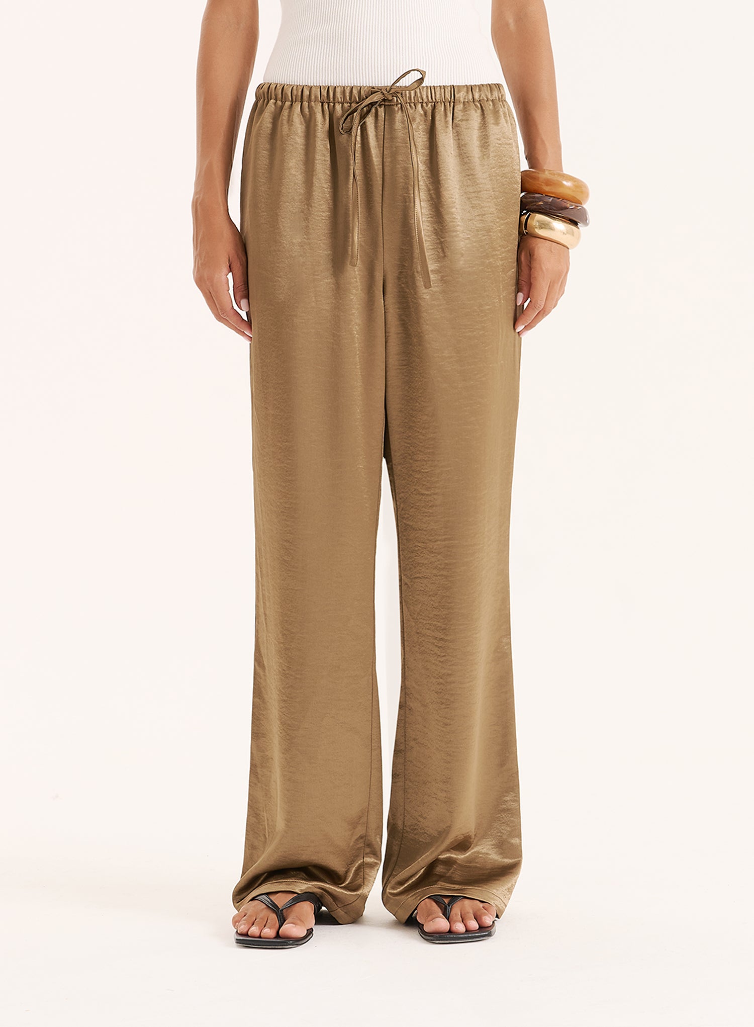 Mocha Satin Tie Waist Wide Leg Trouser